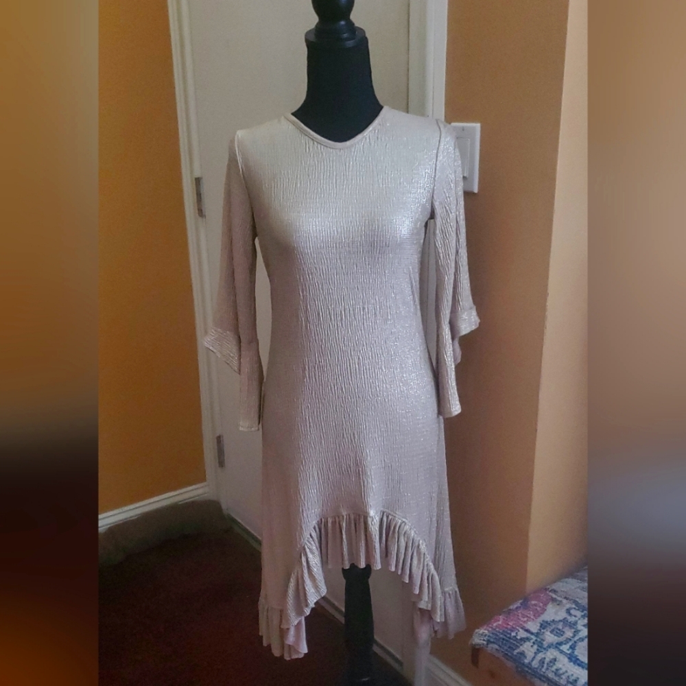 Gorgeous & unique gold dress w/ ruffled trim & asymmetrical hemline. Easy stylin